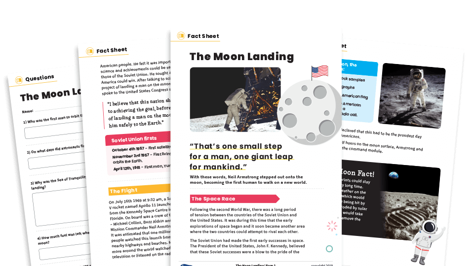 image of The Moon Landing – KS2 Non-fiction Reading Comprehension Worksheets Pack – Space