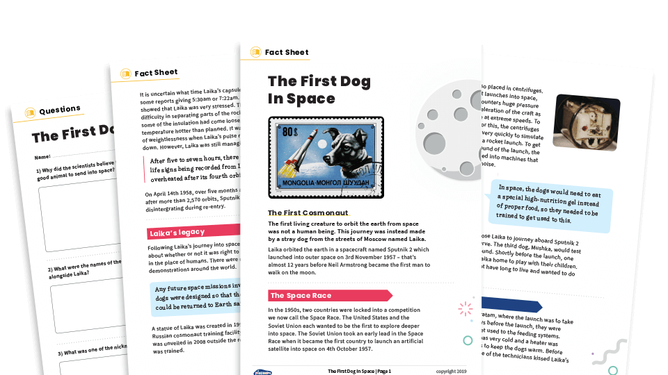 image of Laika: The First Dog In Space – KS2 Non-fiction Reading Comprehension Worksheets Pack