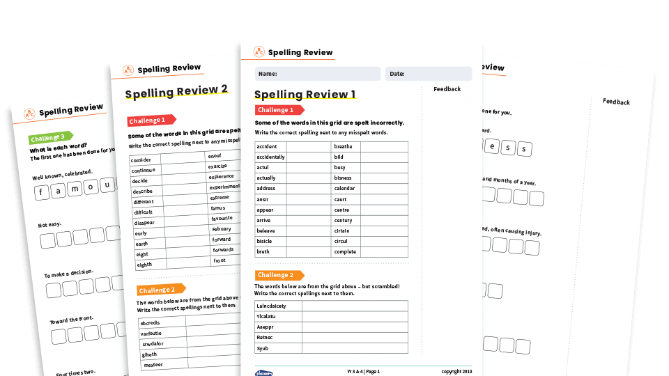 image of Year 3 and 4 Spelling List Printable Worksheets