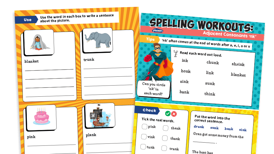 image of Year 1 adjacent consonants ‘nk’: KS1 Spelling Worksheets