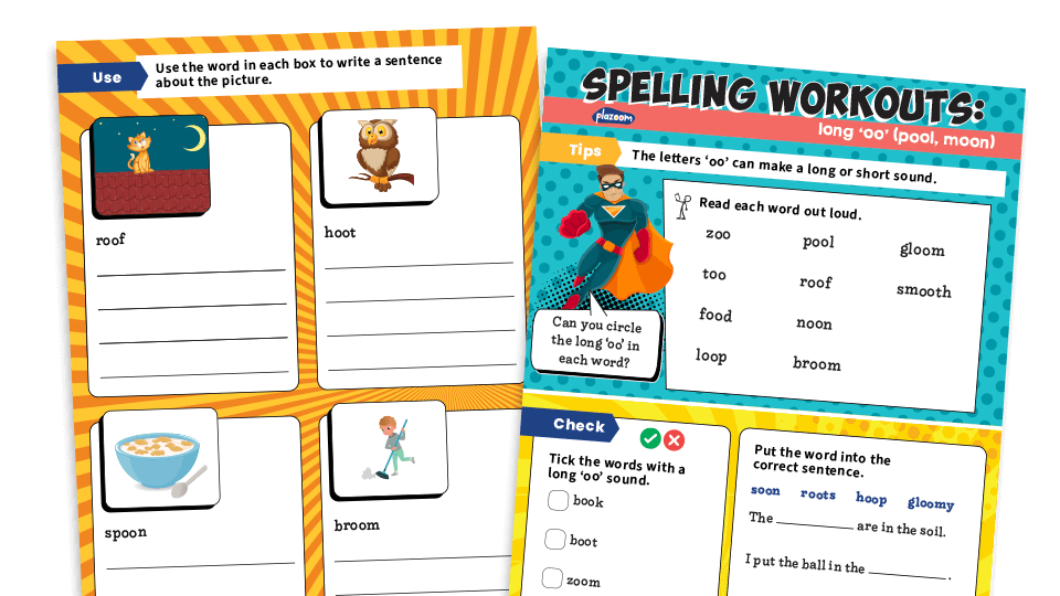 image of Year 1 long ‘oo’ (/u:/ pool moon) : KS1 Spelling Worksheets