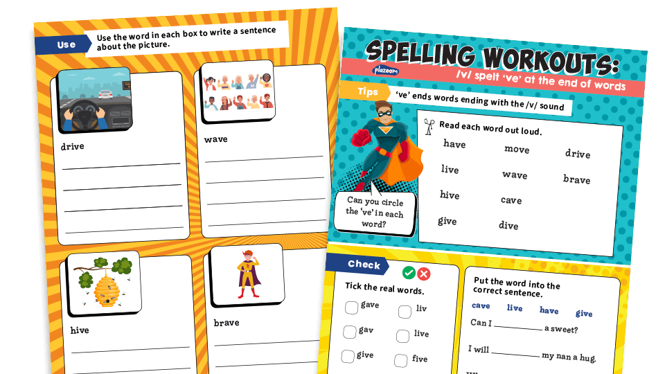 image of Year 1 the /v/ sound at the end of words: KS1 Spelling Worksheets