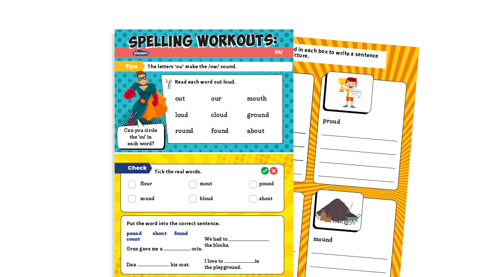 image of Year 1 ou (out, about etc): KS1 Spelling Worksheets