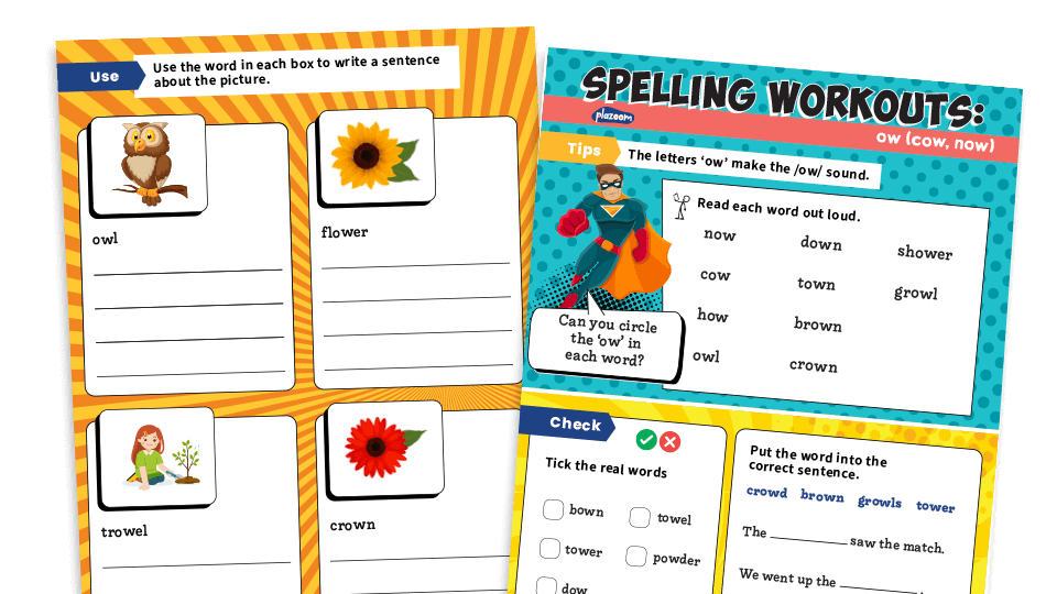 image of Year 1 ow (/aʊ/ now) : KS1 Spelling Worksheets