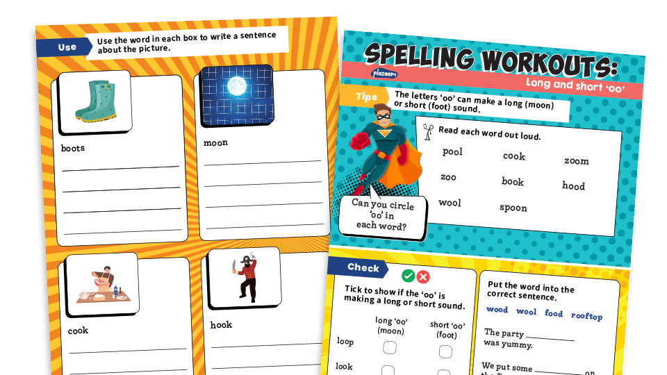 image of Year 1 long and short ‘oo’: KS1 Spelling Worksheets