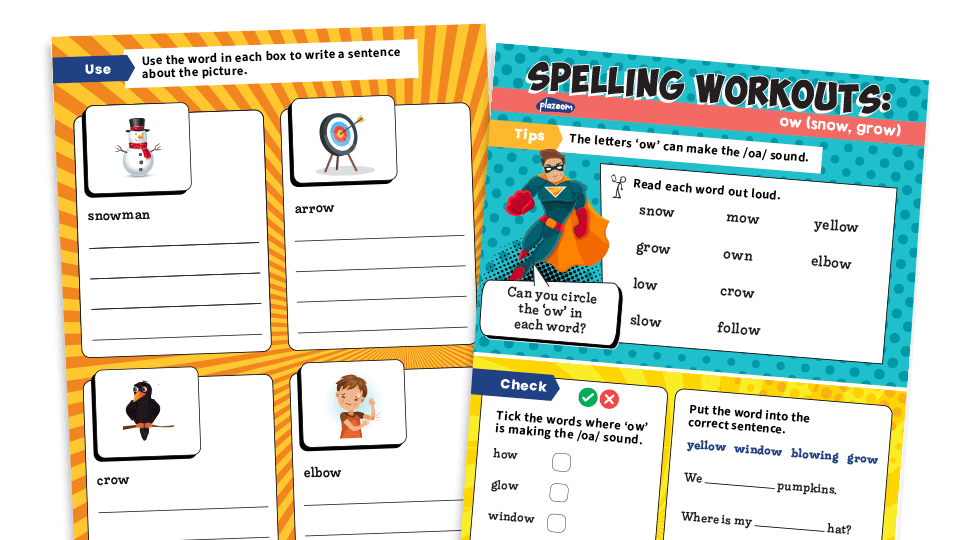 image of Year 1 ow (/əʊ/ snow): KS1 Spelling Worksheets