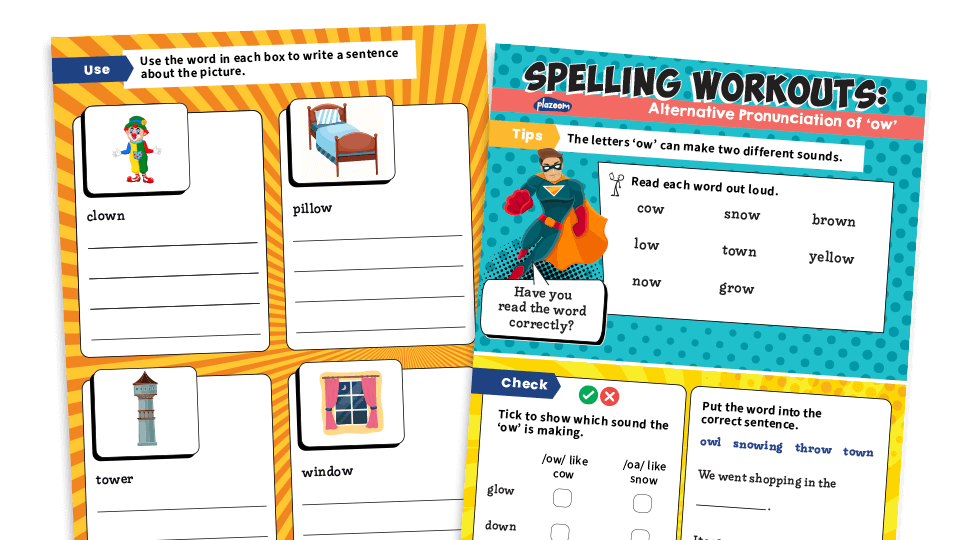 image of Year 1 ow alternative pronunciations: KS1 Spelling Worksheets