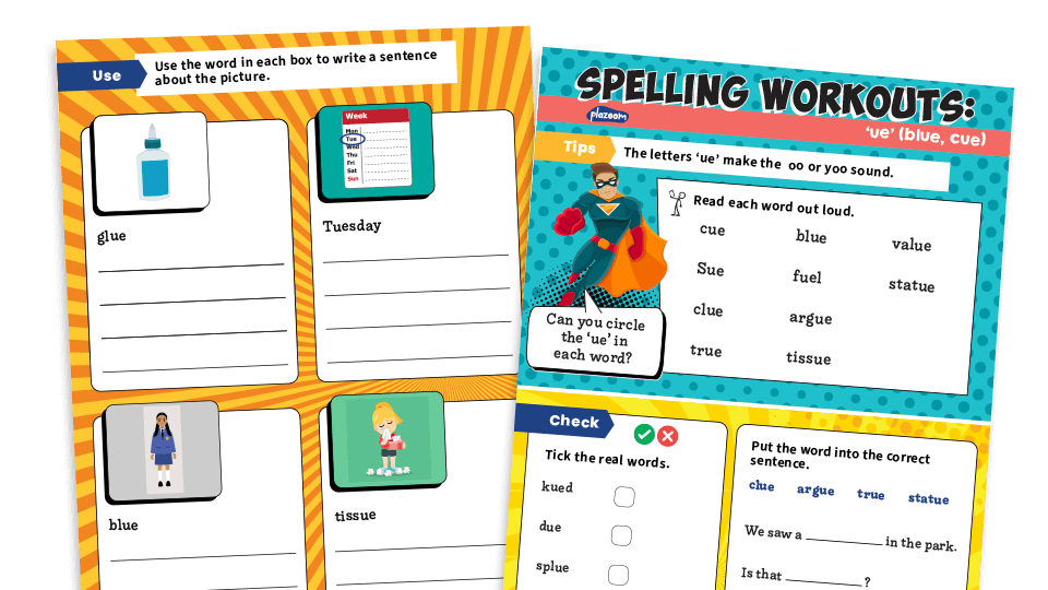 image of Year 1 ue (/(y)oo/ ) e.g. blue: KS1 Spelling Worksheets