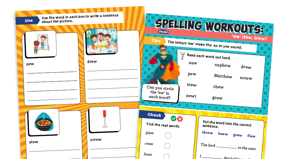 image of Year 1 ew (/(y)oo/) new: KS1 Spelling Worksheets