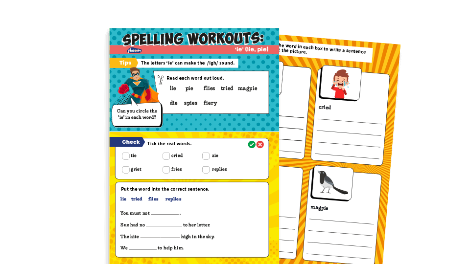 image of Year 1 ‘ie’ (lie, pie): KS1 Spelling Worksheets