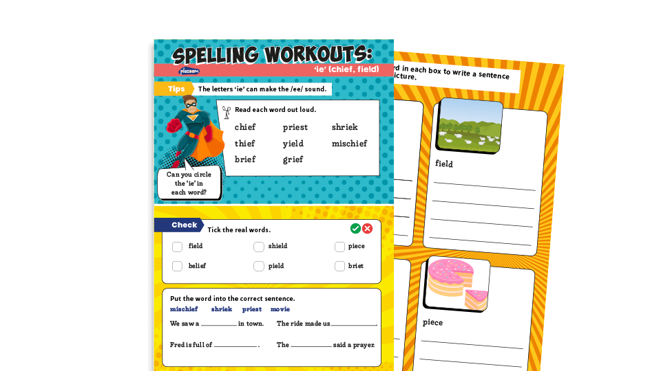 image of Year 1 ‘ie’ (chief, field): KS1 Spelling Worksheets