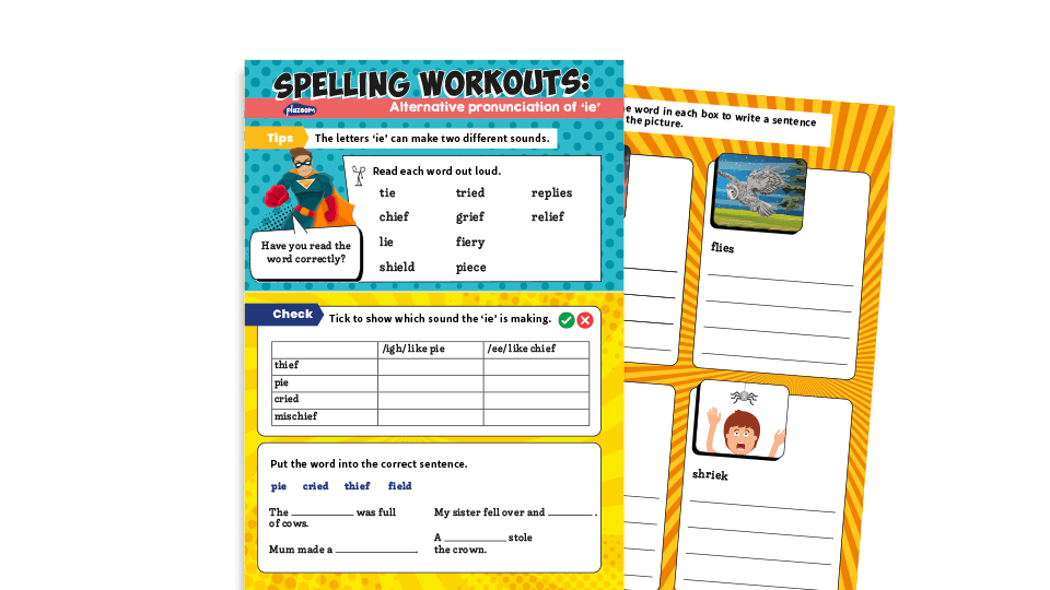 image of Year 1 ‘ie’ alternatives: KS1 Spelling Worksheets