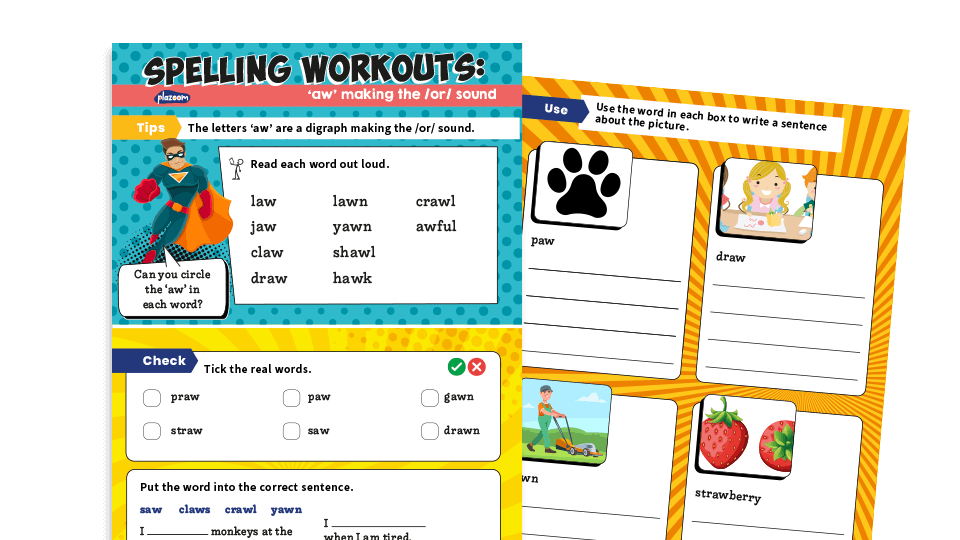 image of Year 1 ‘aw’: KS1 Spelling Worksheets