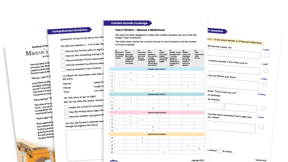 image of Year 4 Fiction Reading Comprehension Worksheets (with KS2 content domain coverage sheet): Marcus’ Misfortune