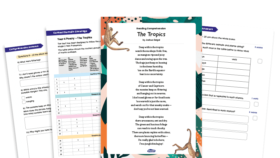 image of Year 4 Fiction Reading Comprehension Worksheets (with KS2 content domain coverage sheet): The Tropics