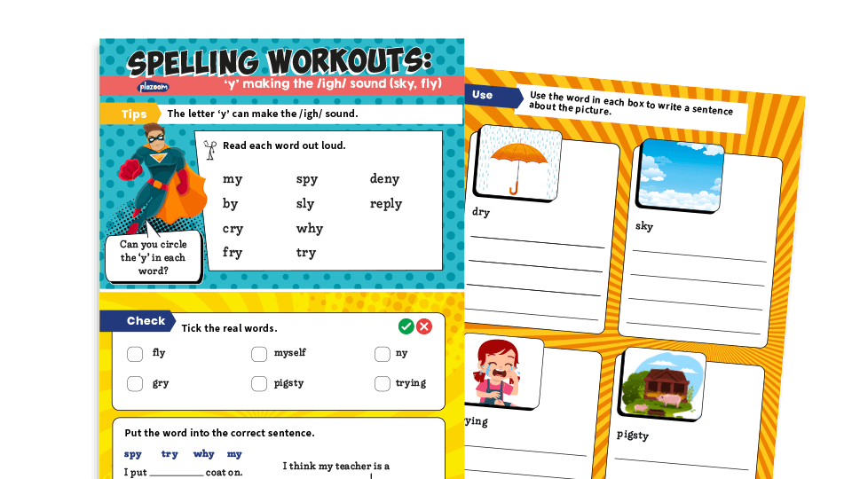 image of Year 1 ‘y’ making /igh/ sound: KS1 Spelling Worksheets