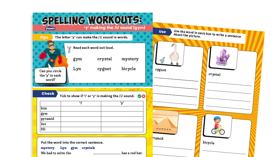 image of Year 1 ‘y’ making /i/ sound: KS1 Spelling Worksheets