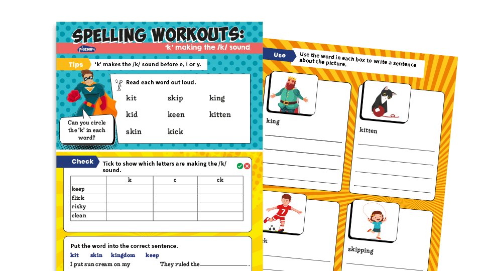 image of Year 1 ‘k’ making /k/ sound before e, i or y: KS1 Spelling Worksheets