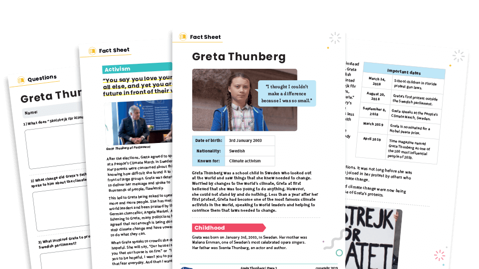 image of Greta Thunberg KS2 Non-fiction Reading Comprehension Worksheets Pack – Famous Lives