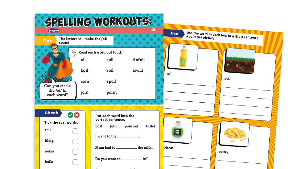 image of Year 1 ‘oi’ making /oi/ sound (oil, join etc): KS1 Spelling Worksheets