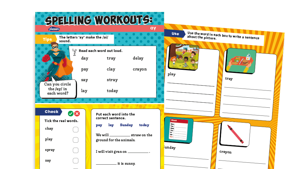 image of Year 1 ‘ay’ making /ai/ sound (day, play etc): KS1 Spelling Worksheets