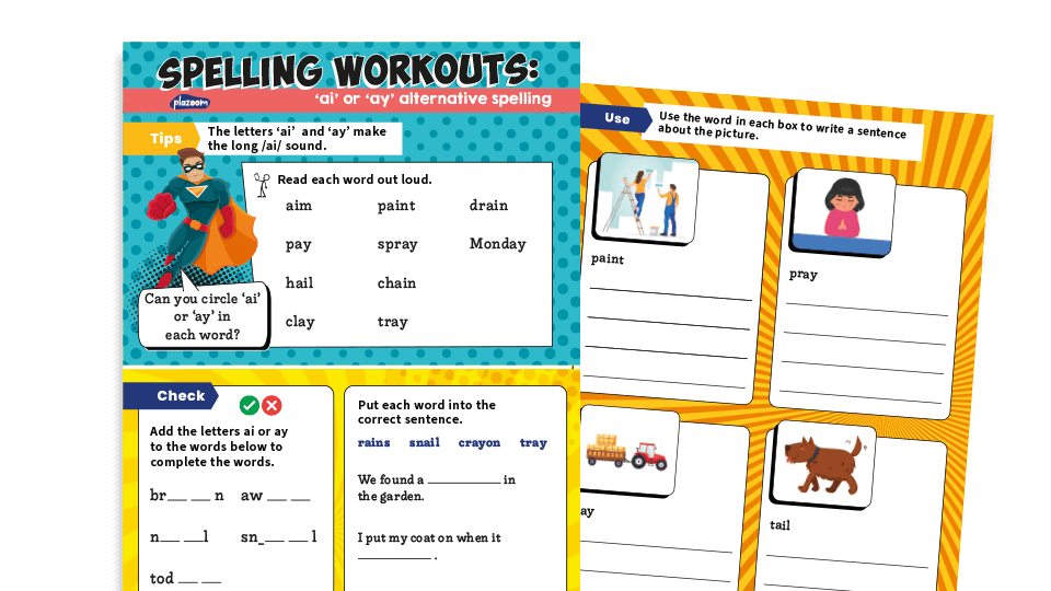 image of Year 1 ‘ai’ or ‘ay’ alternative spellings: KS1 Spelling Worksheets