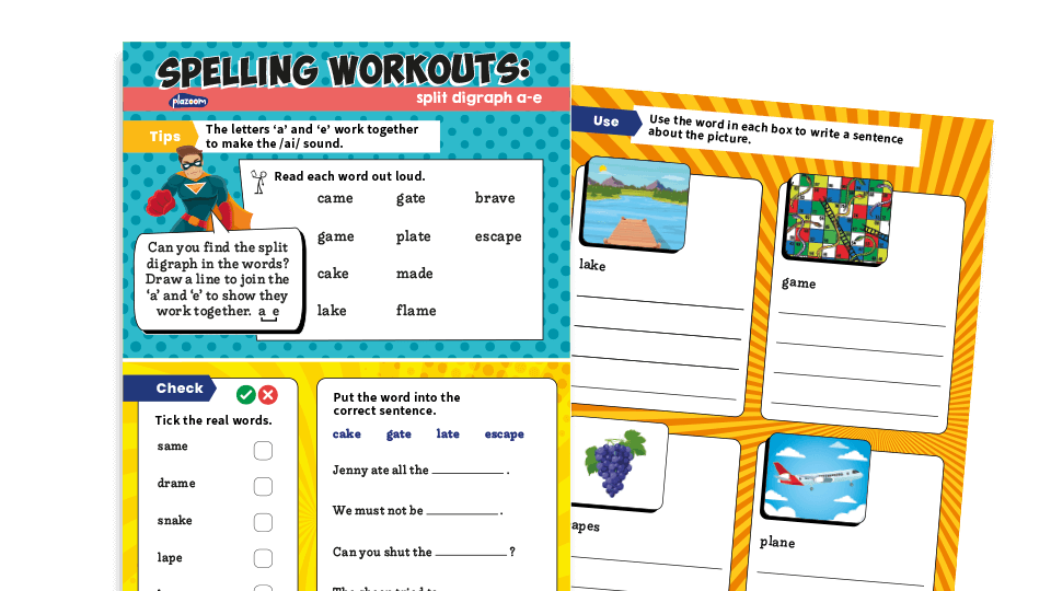 image of Year 1 a-e split digraph: KS1 Spelling Worksheets