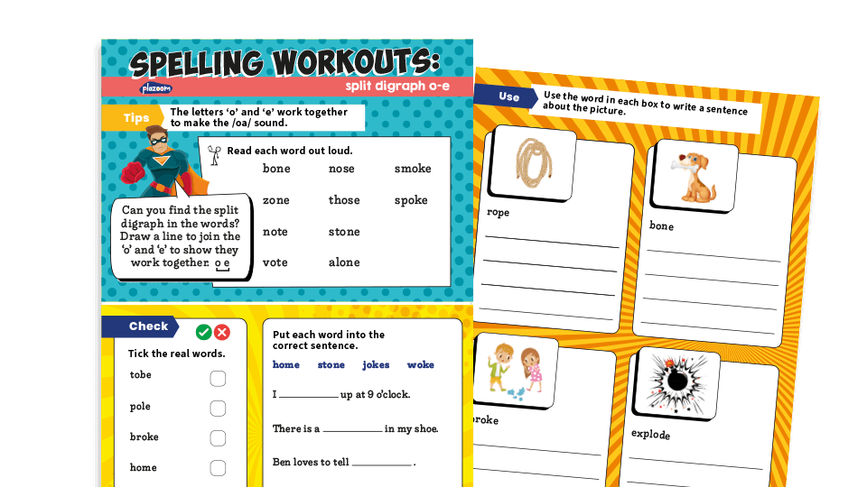 image of Year 1 o-e split digraph: KS1 Spelling Worksheets