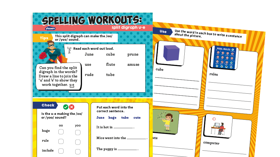 image of Year 1 u-e split digraph: KS1 Spelling Worksheets