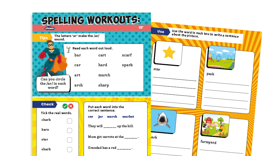 image of Year 1 /ar/ (car, start): KS1 Spelling Worksheets