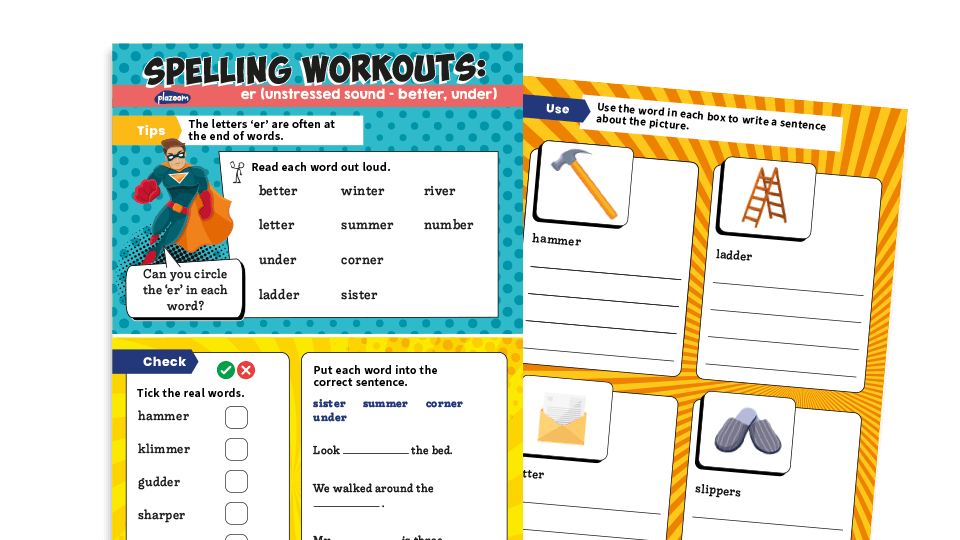 image of Year 1 ‘er’ unstressed sound (better, under): KS1 Spelling Worksheets