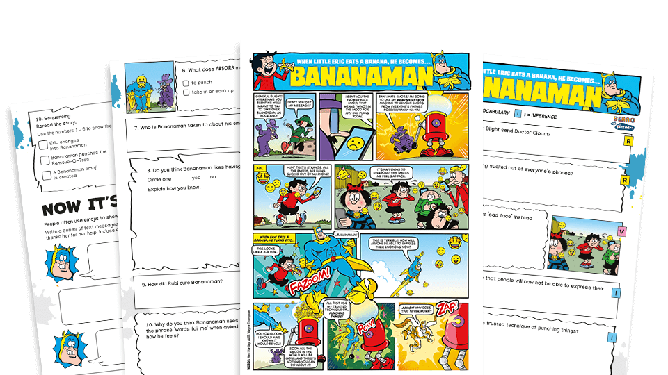 image of Bananaman and the Emojis – KS2 Beano Comprehension and Writing Activities Pack