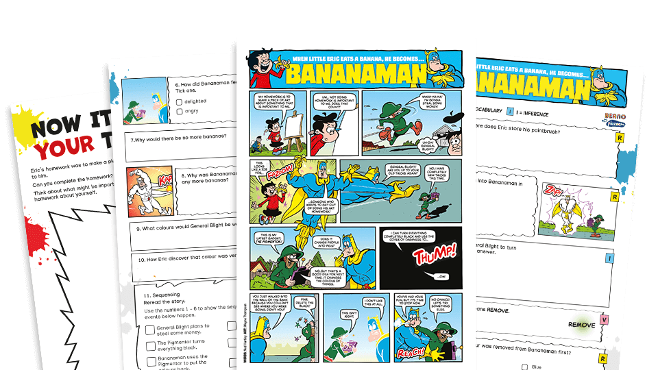 image of Bananaman in Colour – KS2 Beano Comprehension and Writing Activities Pack