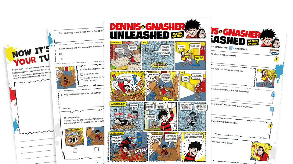 image of Dennis and the Mud – KS2 Beano Comprehension and Writing Activities Pack