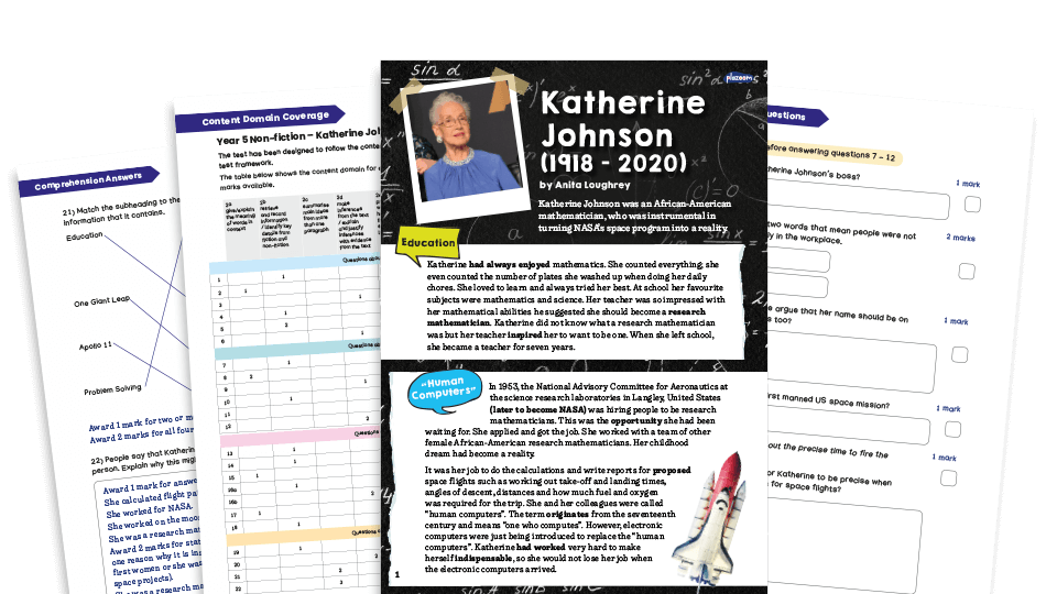 image of Year 5 Fiction Reading Comprehension Worksheets (with KS2 content domain coverage sheet): Katherine Johnson