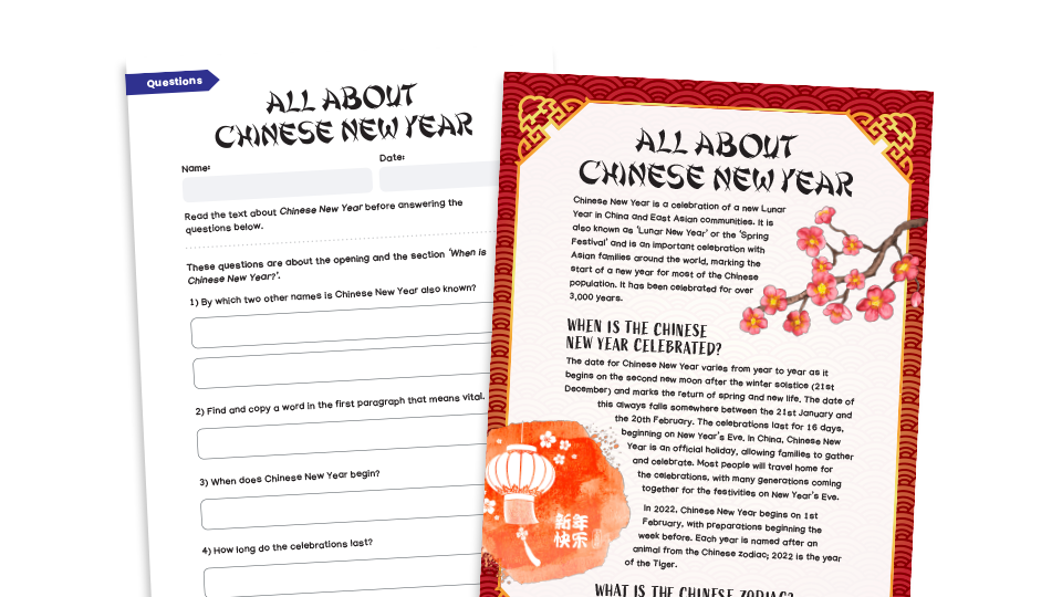 UKS2 Comprehension Worksheets - Chinese New Year
