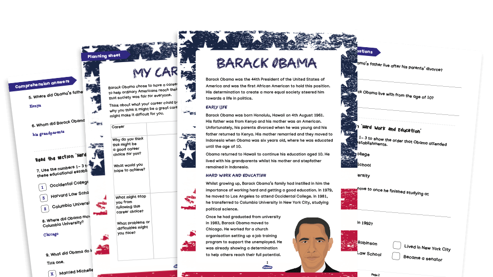 image of Barack Obama: UKS2 Inspirational People Comprehension and Writing Activities Pack
