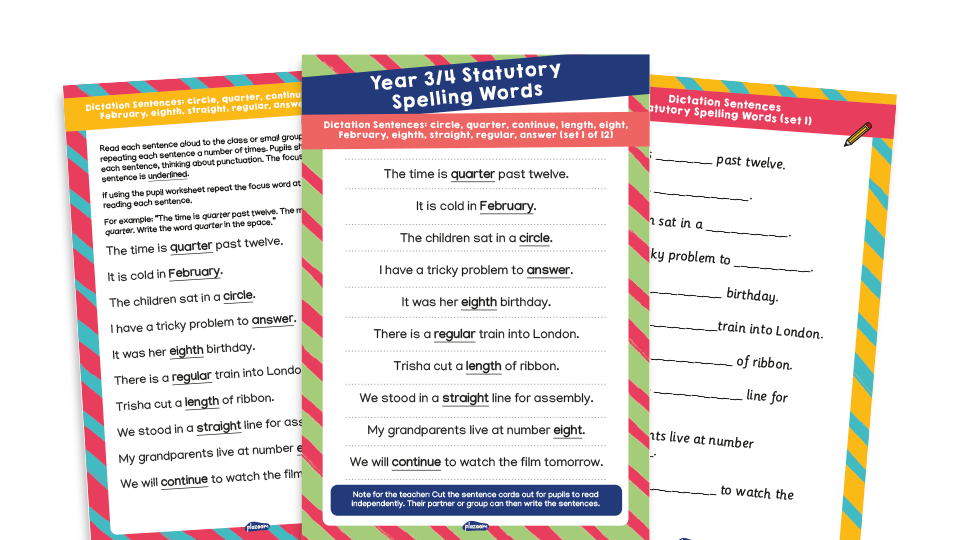 Year 3 and 4 SSW Dictation Sentences: Statutory Spelling Words Sentences and Worksheets