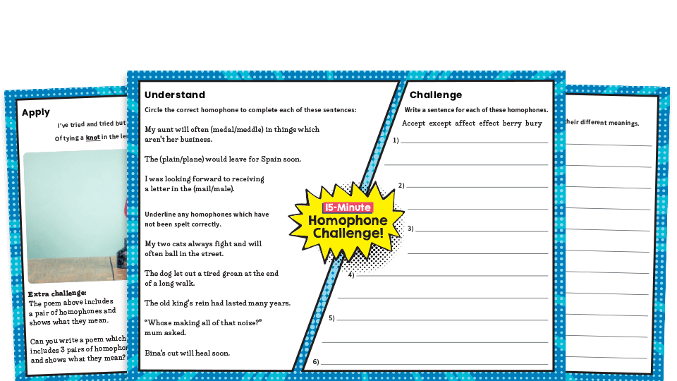 image of Year 3 and 4 Homophones – KS2 SPaG Challenge worksheet