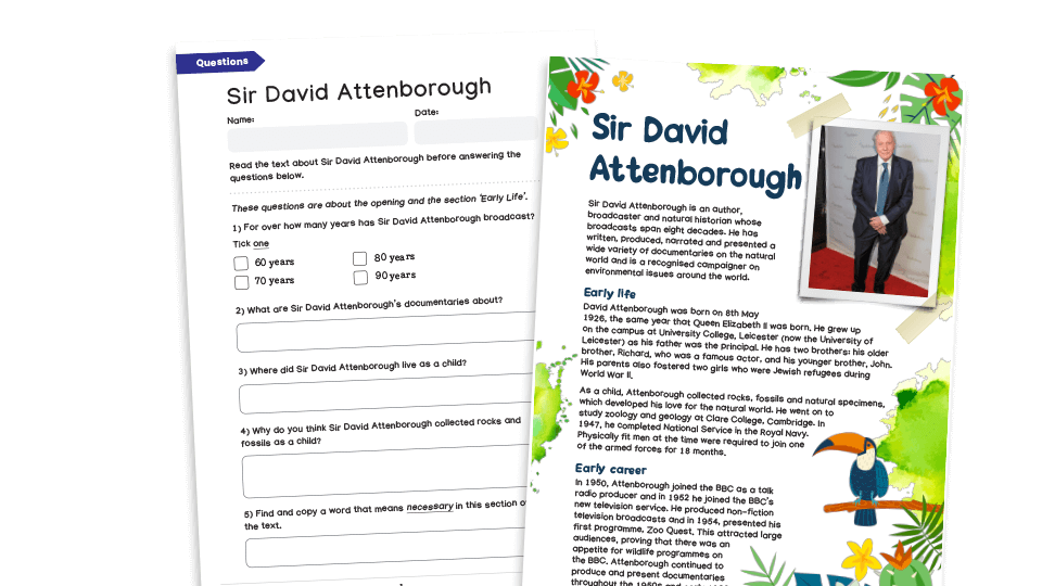 image of Sir David Attenborough: UKS2 Inspirational People Comprehension and Writing Activities Pack