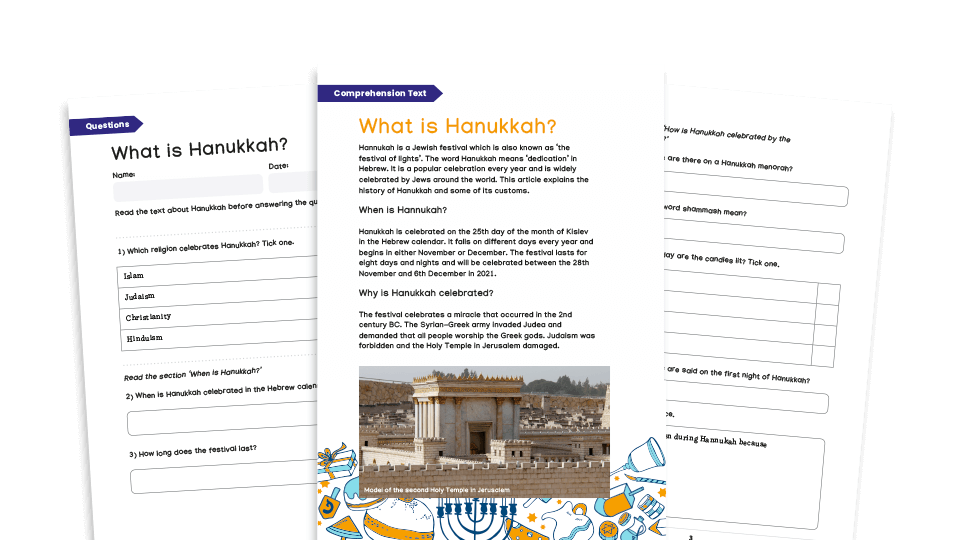 image of KS2 Hanukkah Resource Pack - Information Text and Comprehension Worksheets