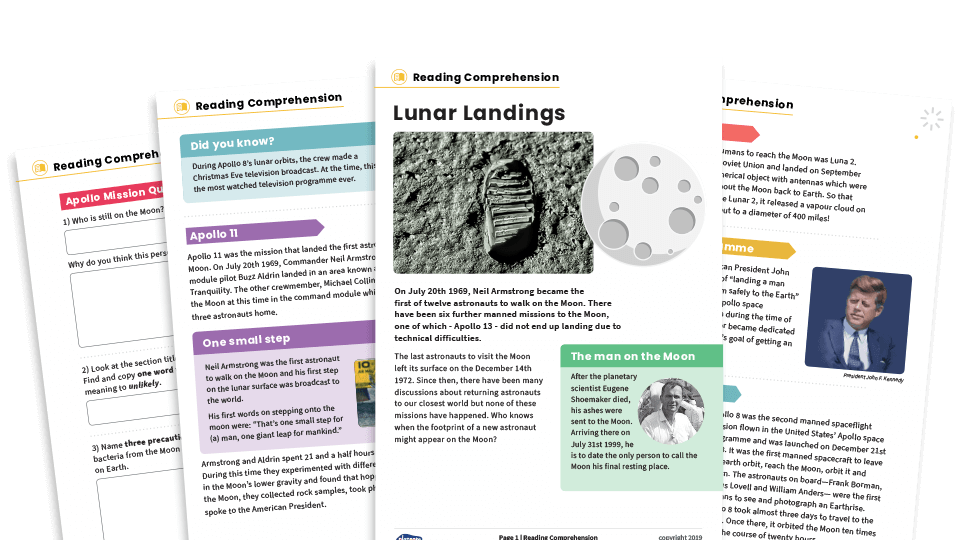 image of Lunar Landings – KS2 Non-fiction Reading Comprehension Worksheets Pack – Space