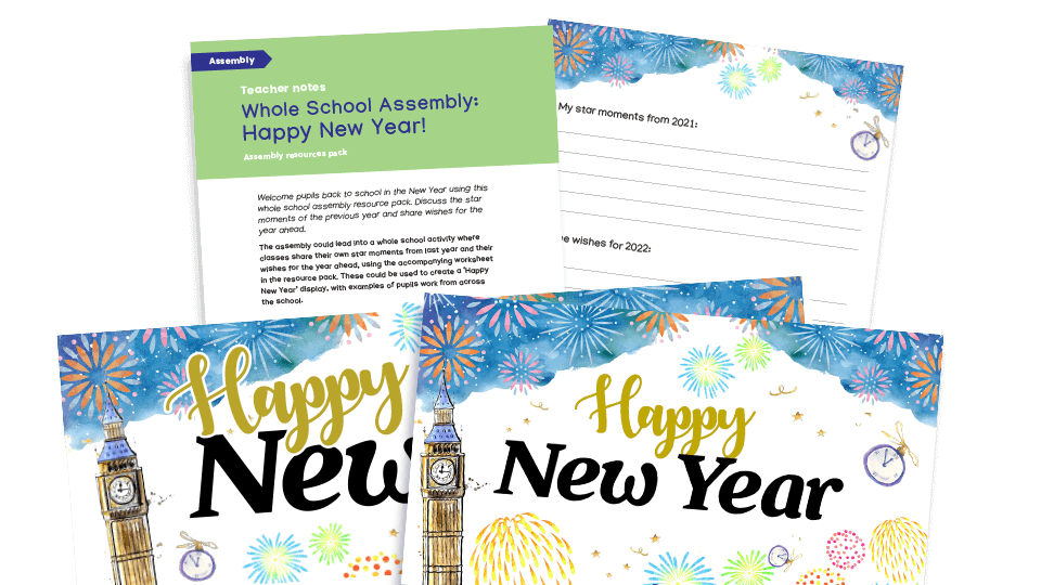 image of Happy New Year - whole-school assembly pack with worksheets