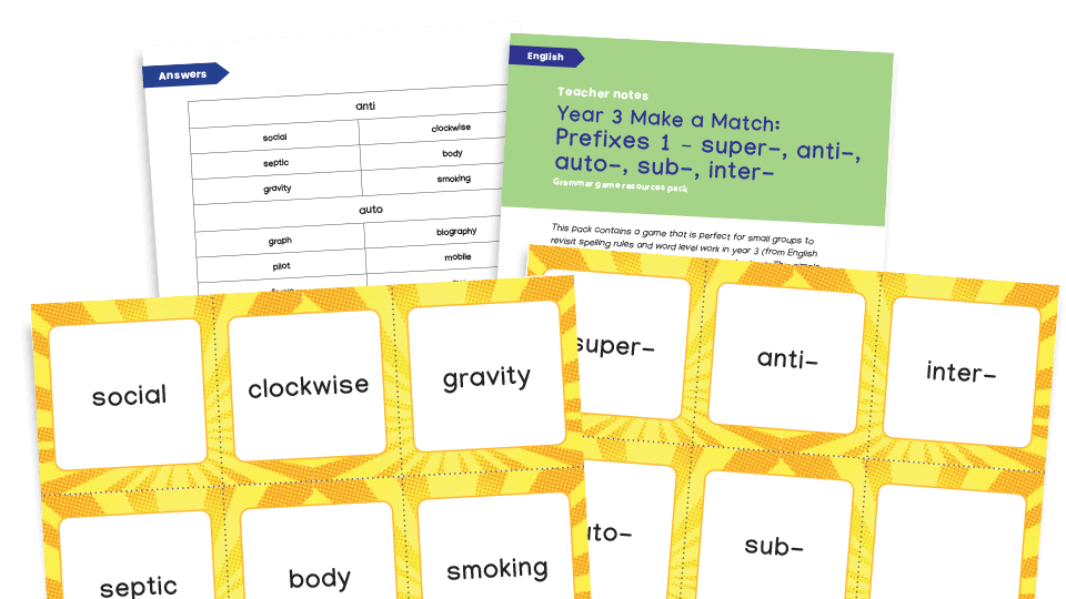 image of Year 3 Prefixes (super-, anti-, auto-, sub-, inter-) Make a Match - KS2 Grammar Game