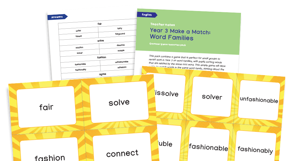 image of Year 3 Word Families Make a Match - KS2 Grammar Game