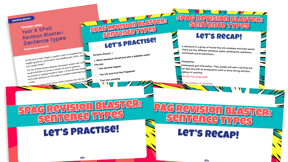 image of KS2 SATs SPaG Revision Blaster - sentence types (statement, exclamation, question, command)