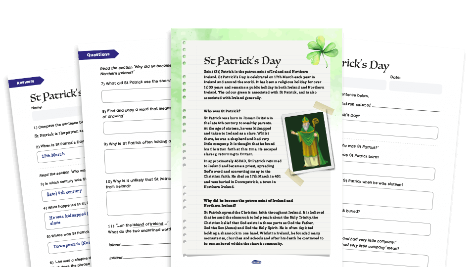 image of St Patrick’s Day Resource Pack - KS2 comprehension text and worksheets