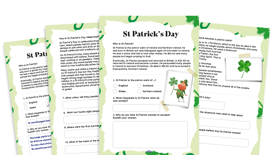 image of St Patrick’s Day Resource Pack - KS1 comprehension text and worksheets
