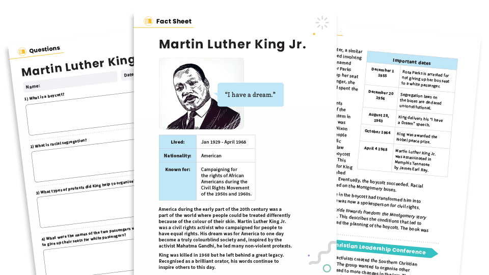 image of Martin Luther King Jr KS2 Non-fiction Reading Comprehension Worksheets Pack – Famous Lives
