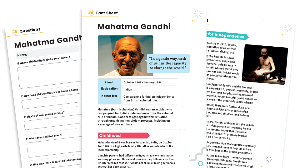 image of Mahatma Gandhi KS2 Non-fiction Reading Comprehension Worksheets Pack – Famous Lives